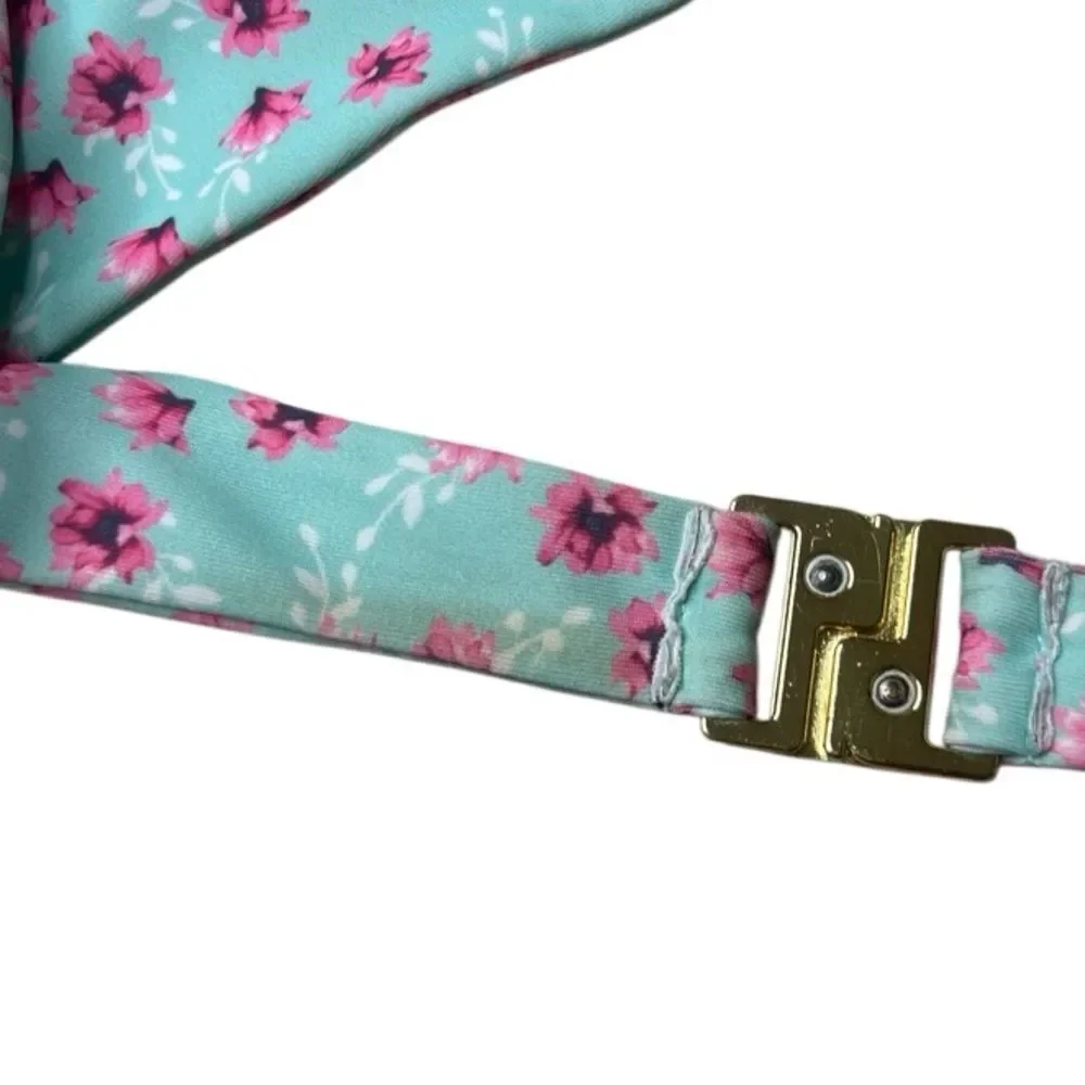 Floral Print Women's Bikini Top - Blue and Pink Medium